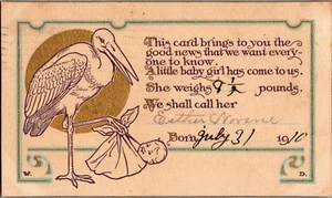 Postal Anuncio de Nacimiento Stock Entrega Bebé Niña Espalda Dividida Publicado 1910 - Imagen 1 de 2