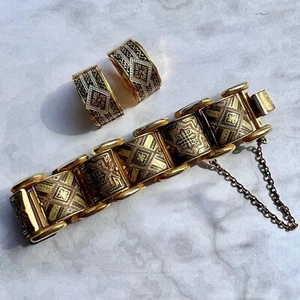 Vintage Spanish Damascene Gold Tone Bracelet Earring Estate Jewelry Set - Picture 1 of 12