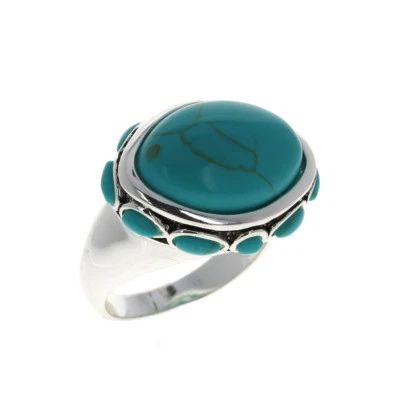 Boho Chic Turquoise Ring Sterling Silver Polished Band Large Oval 12x17mm Stone - Image 1 of 2