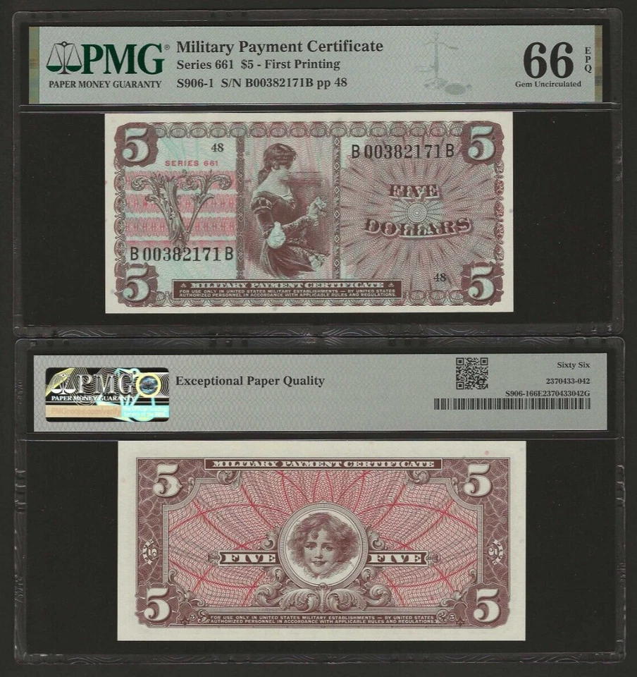 MILITARY PAYMENT CERTIFICATE MPC 5 Dollars Series 661 S906-1, PMG 66 EPQ Gem UNC - Image 1 of 1