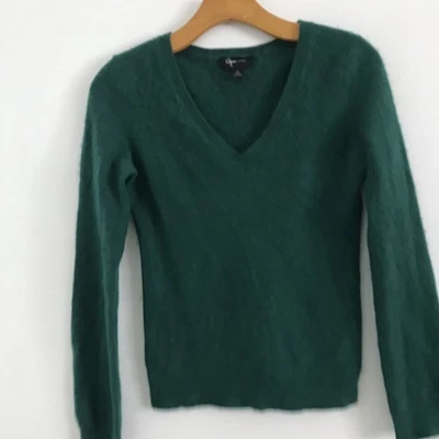 Aqua 女式毛衣小号绿色羊绒 V 领修身长袖针织 — 第 1/4 张图片