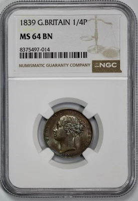 1839 Great Britain 1/4P Farthing NGC MS 64 BN - Image 1 of 4