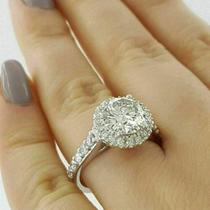3Ct Round Cut Lab Created Diamond Halo Engagement Ring 14K White Gold Plated - Picture 1 of 6