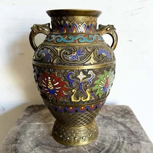 Antique Japanese Brass Enameled Chapleve Vase - Picture 1 of 6