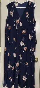 Vince Painted Poppy Pleated Draped V-Neck Navy Dress Women's Size XL - Picture 1 of 10