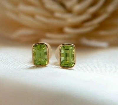 100% Natural Peridot Stud With 14k Yellow Gold Stud For Wedding & Birthday Gift  - Image 1 of 4