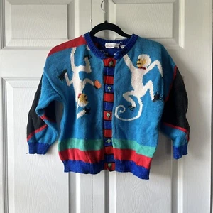 CHRISTINE FOLEY VINTAGE HANDMADE MONKEY KIDS CARDIGAN SIZE 8 - Picture 1 of 5