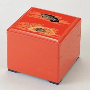 Bento, Lunch box, Jubako bento box, vermillion, folding fan design:Lacquer ware - Picture 1 of 1