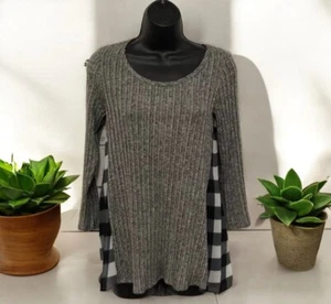 Moa Moa light Gray sweater Black White Buffalo plaid chiffon sides Tunic Size XL - Picture 1 of 5