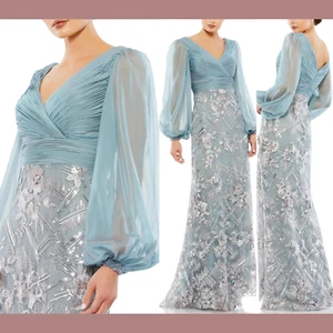 NWT $798 Mac Duggal [ 14 ] Puff Sleeve Pleat Bodice Embellished Gown Slate S1227 - Picture 1 of 17
