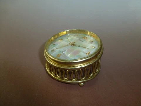 Vintage Swiss 15 Jewels 8 Day Alarm Clock Abalone Clock Face Brass Case Display Cover