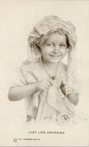 Vintage Postcard Just Like Grandma ~  Girl Dressed Like Granny Knitting Humor - Picture 1 of 3