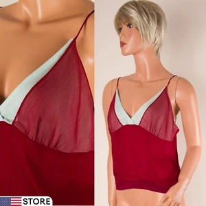 💖 RUTH Burgundy Tank Top Cami 100% Silk Crepe Aqua Blue Trim 8 - Picture 1 of 10