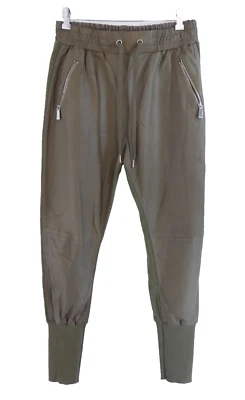 PINKO Pantalones de Correr Cuero Frontal Lana Tejido Bolsillos con Cremallera Verde Oliva Reino Unido 12 Foto 1 de 4