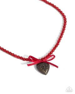 Paparazzi Tasteful Trimming - Red -Acrylic Beads - Stamped Brass Heart - Necklac - Picture 1 of 4