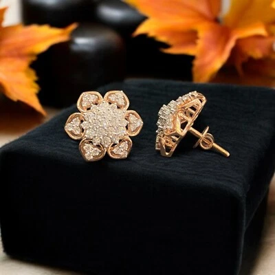 1.88 TCW Round Brilliant Cut Natural Diamonds Floral Stud Earrings 14K Rose Gold - Image 1 of 4