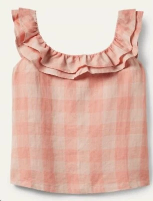 Top con volantes Boden 100 % lino rosa a cuadros de guinga PVP £60 Reino Unido talla 14 Foto 1 de 3