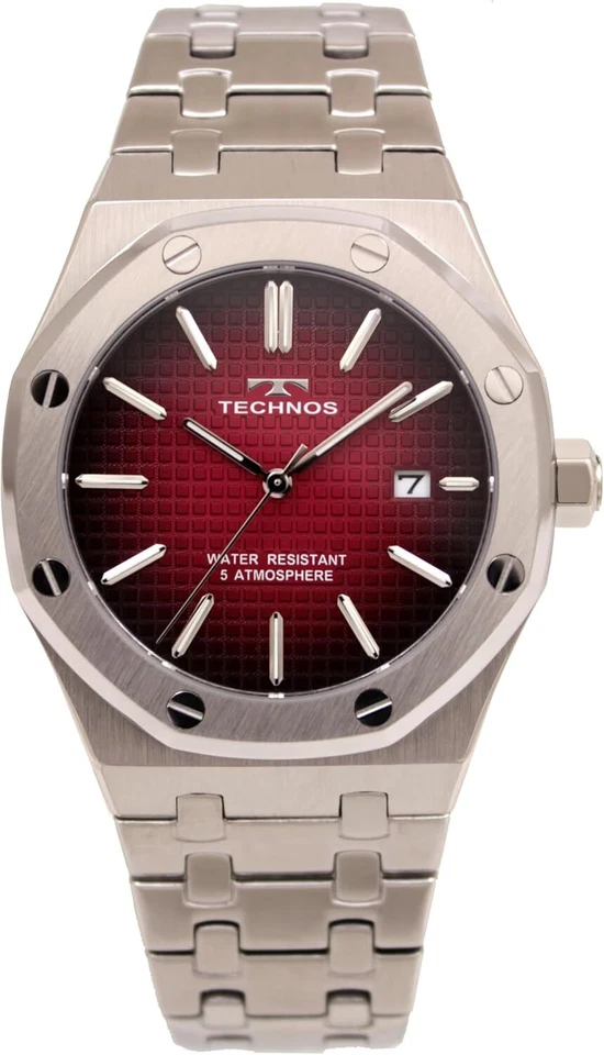 TECHNOS Men's Watch T9C07SR Silver Red Dial Date 42mm Quartz 5ATM Stainless