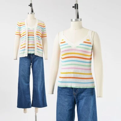 Vintage 70s Striped Sweater Set Ribbed Knit Cami Tank Top Button Down Cardigan S - Image 1 of 4
