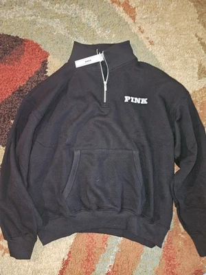 PINK Victoria's Secret M Black Long Sleeve 1/4 Zip Pocket Pullover  Sweatshirt - Image 1 of 4