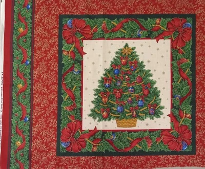 Cranston~"Decorated Christmas Tree"~Gold Accents ~Cotton Fabric~14.75"x14.75"