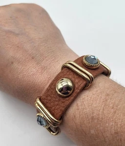 Vintage King Star Brown Leather Midnight Gem Gold Tone Button Snap Bracelet - Picture 1 of 10