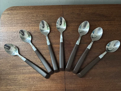 7 Vintage Wood Look Handle Stainless Steel Dining Spoon Flatware MCM Mid Century - Image 1 of 4