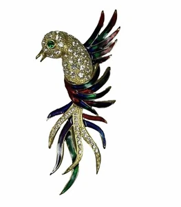 Bird of Paradise Brooch Large Vtg Gold Tone Enamel Rhinestone 5.5” Pin Peacock - Picture 1 of 3