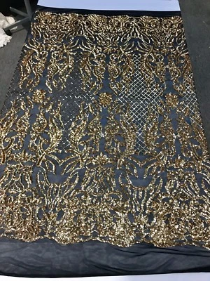 GOLD SHINY SEQUIN DAMASK DESIGN EMBROIDERY ON A BLACK 4 WAY STRETCH MESH-1 YARD. - Image 1 of 4
