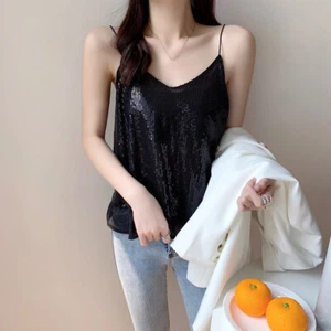 Women Shiny Sequins Vest Camisole Glitter Tank Tops Strap Clubwear Camisole Tops - Picture 1 of 15