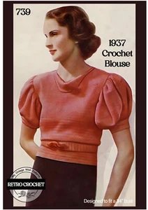Vintage 1930s Crochet Blouse Pattern – Puff Sleeve Cowl Neck Top – Bust 34" - Picture 1 of 2