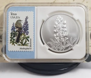 Bluebonnet de Texas 1 oz. Redonda de plata con estampillas vintage - ¡Muy bonita! W2 - Imagen 1 de 13