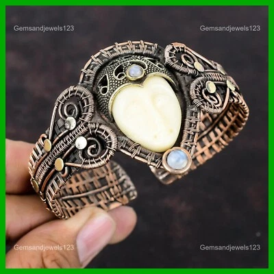 Joyería brazalete envuelto en alambre piedra lunar arco iris piedra preciosa cara tallada blanca cobre Foto 1 de 4
