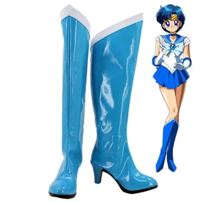 Sailor Mercury Mizuno Ami Cosplay Tacones Altos Zapatos Azul Botas Largas Hechas a Medida Foto 1 de 4