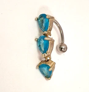 Belly Ring Top Down Teardrops w/Blue Gems Dangle Naval Steel - Picture 1 of 3