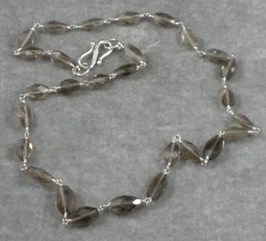 Light Gray Brown Smoky Quartz Hand Faceted flat Oval Gemstone Necklace 17" - Picture 1 of 3