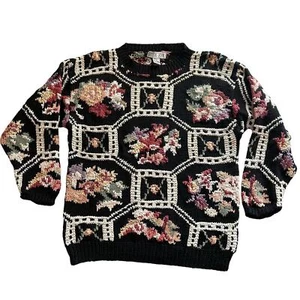 Suéter Floral Vintage Años 80 Cristal-Kobe Negro Multicolor Talla S Petite Granny Core - Imagen 1 de 10