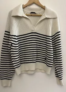 Tory Burch NAUTICAL STRIPES OPEN COLLAR WOOL SWEATER Pearl White Sz S Mint - Picture 1 of 9