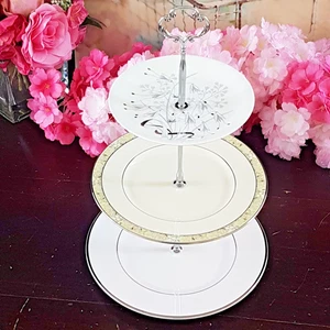 3-Tier Bone China Cake Stand Handmade Mismatched Plate Dessert Serving Tray - Picture 1 of 11