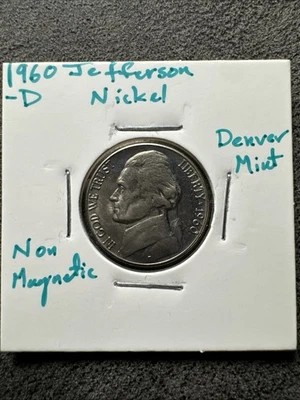 1960 D Jefferson Nickel. Non Magnetic. Denver Mint.  Original. - Image 1 of 4