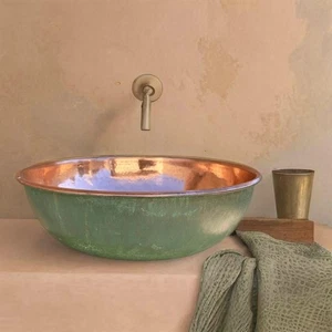 Handgefertigtes grünes Patina Kupfer Waschbecken gehämmert, Vintage Kupfer Waschbecken Bad Stil. - Bild 1 von 6