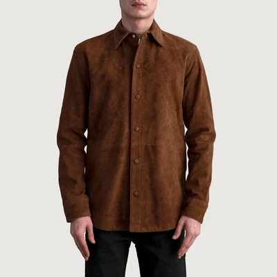 Men's Brown Pure Suede Leather Shirt 100% Lambskin Made To Measure Causal Shirt - Image 1 of 4