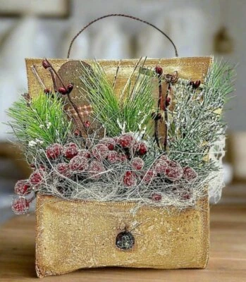 Primitive Christmas Handmade Hanging Gingerbread Man Pocket Greens Berries 8”x7" - Image 1 of 4