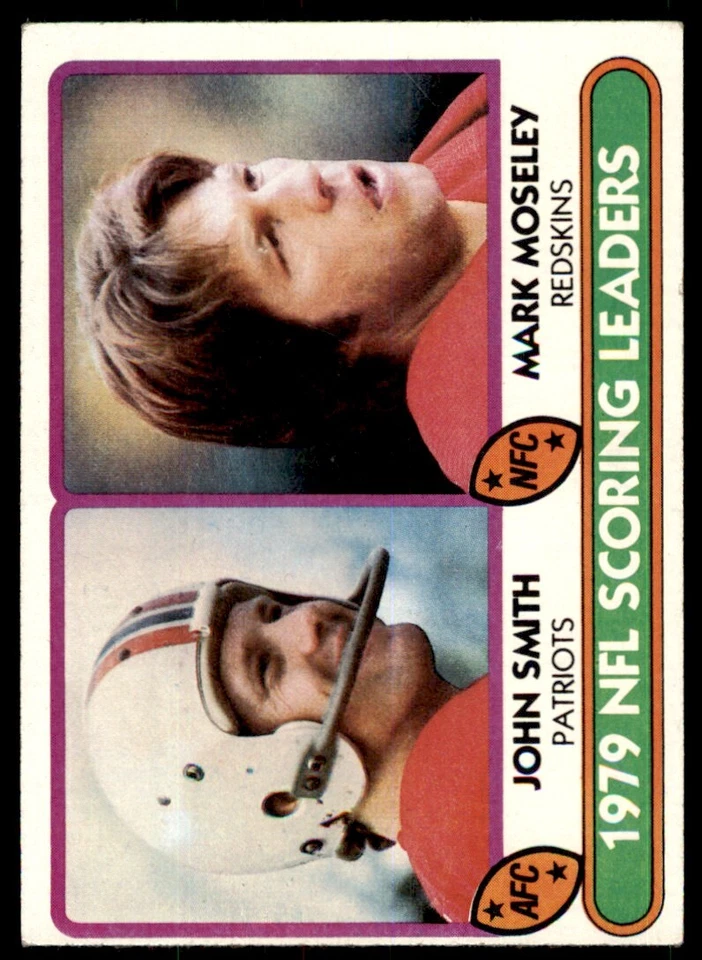 1980 TOPPS FOOTBALL 1979 SCORING LEADERS - JOHN SMITH/MARK MOSELEY NEW ENGLAND - Image 1 of 2