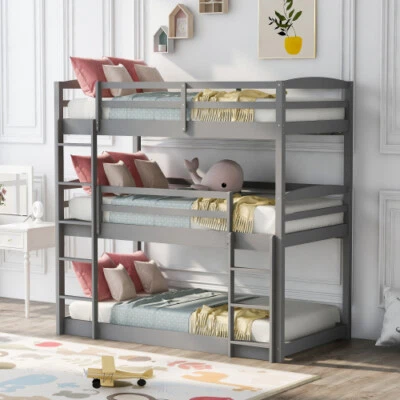 Twin Over Twin Bunk Bed Twin Bed Triple Kid Bed Floor Bed Wood Bedroom Furniture - Image 1 of 4