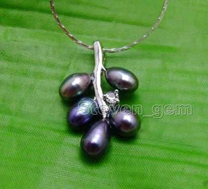 Black 6-7mm Rice Pearl &18*28mm Grape Pendant free 17" Silver plated Chain-n6234 - Picture 1 of 6