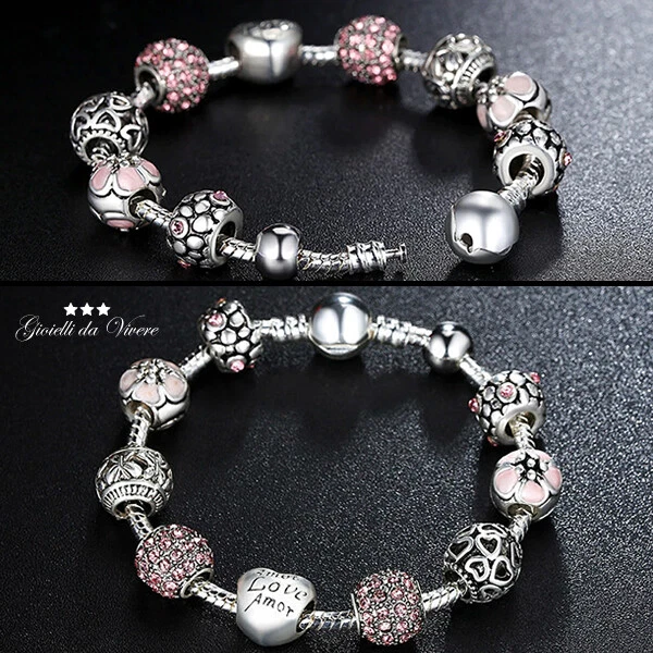 BRACCIALE IN ARGENTO 925 CHARMS PLACCATO PIETRE ROSA DONNA FIORE CUORE AMOUR ox