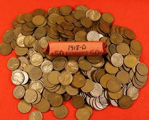 1918-D Lincoln Wheat Cent Penny 50 Coin roll Circulated - Picture 1 of 5
