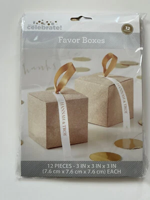 WEDDING FAVOR BOXES 12 PCS Gold Glitter w/ Ribbon 3" x 3" x 3" party bridal NEW - Image 1 of 2