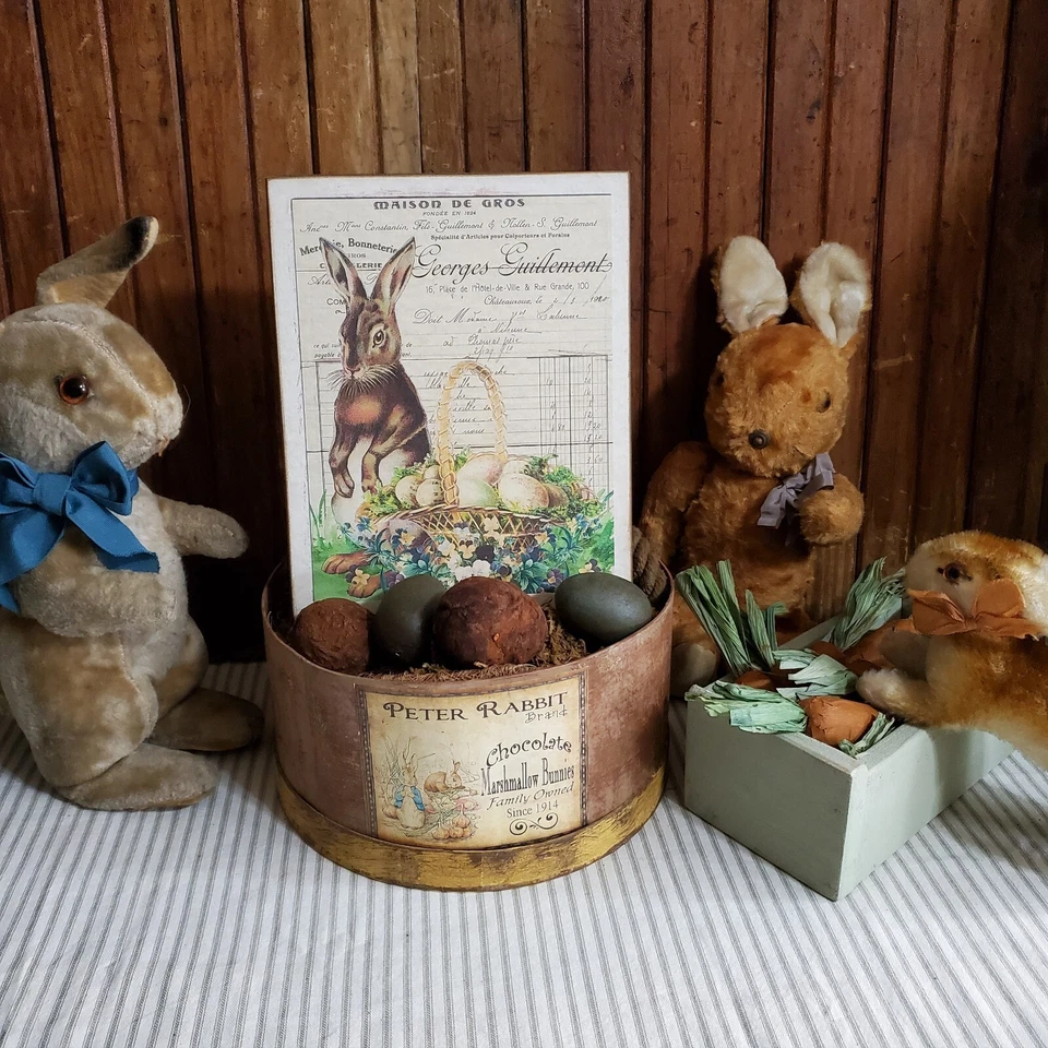 OLD PRIMITIVE ANTIQUE VINTAGE VICTORIAN RETRO STYLE EASTER BUNNY BASKET EGG SIGN - Image 1 of 4